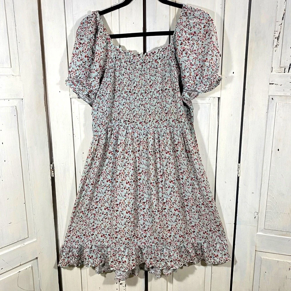 AUW Floral Babydoll Mini Dress Puff Sleeve Pastel Cottagecore Boho Smocked 1X - Picture 3 of 9